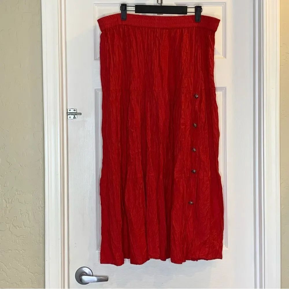 Crazy Cowgirl Red Tiered Maxi Skirt Concho Buttons Western Boho Flowy Rayon SZ M